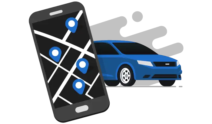 An illustration of a cellphone with a map and a car behind it